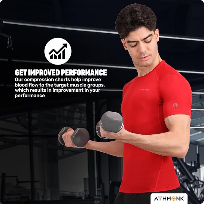 Athmonk Compression T-Shirt Vest Body Shaper Half Sleeve for Men Boys Branded - Nylon Lycra Fabric - Workout Gym Cricket Football Sports Training - Keep Dry Tight Skin Fit - Round Neck